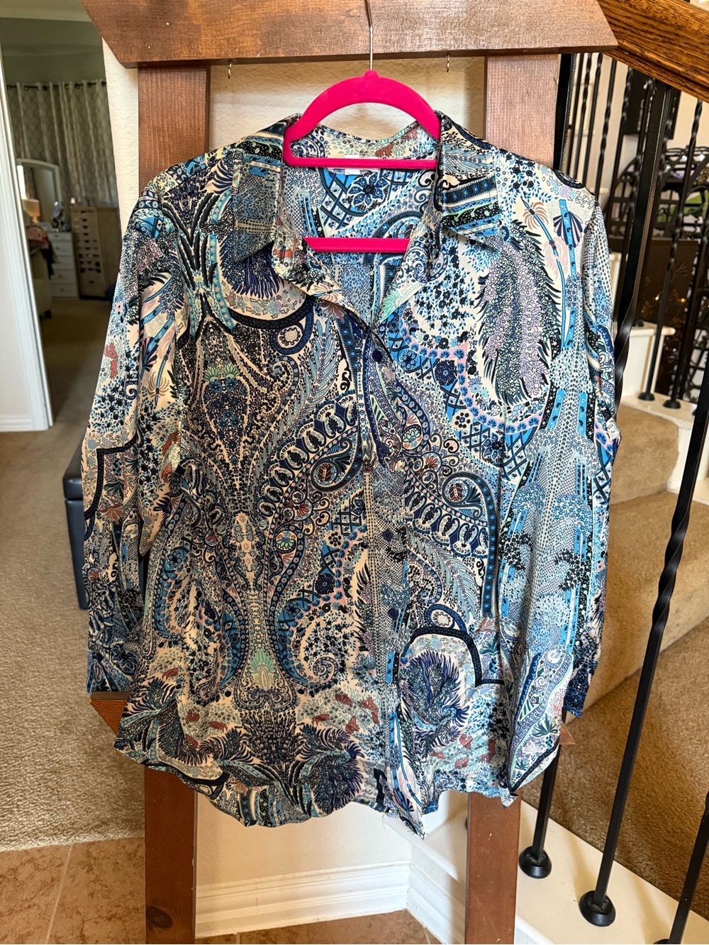 Blue Paisley Collared Button-Up Blouse
